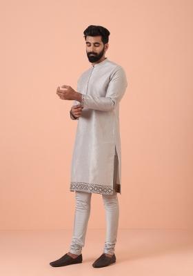 Grey Self Design Silk Blend Kurta For Men