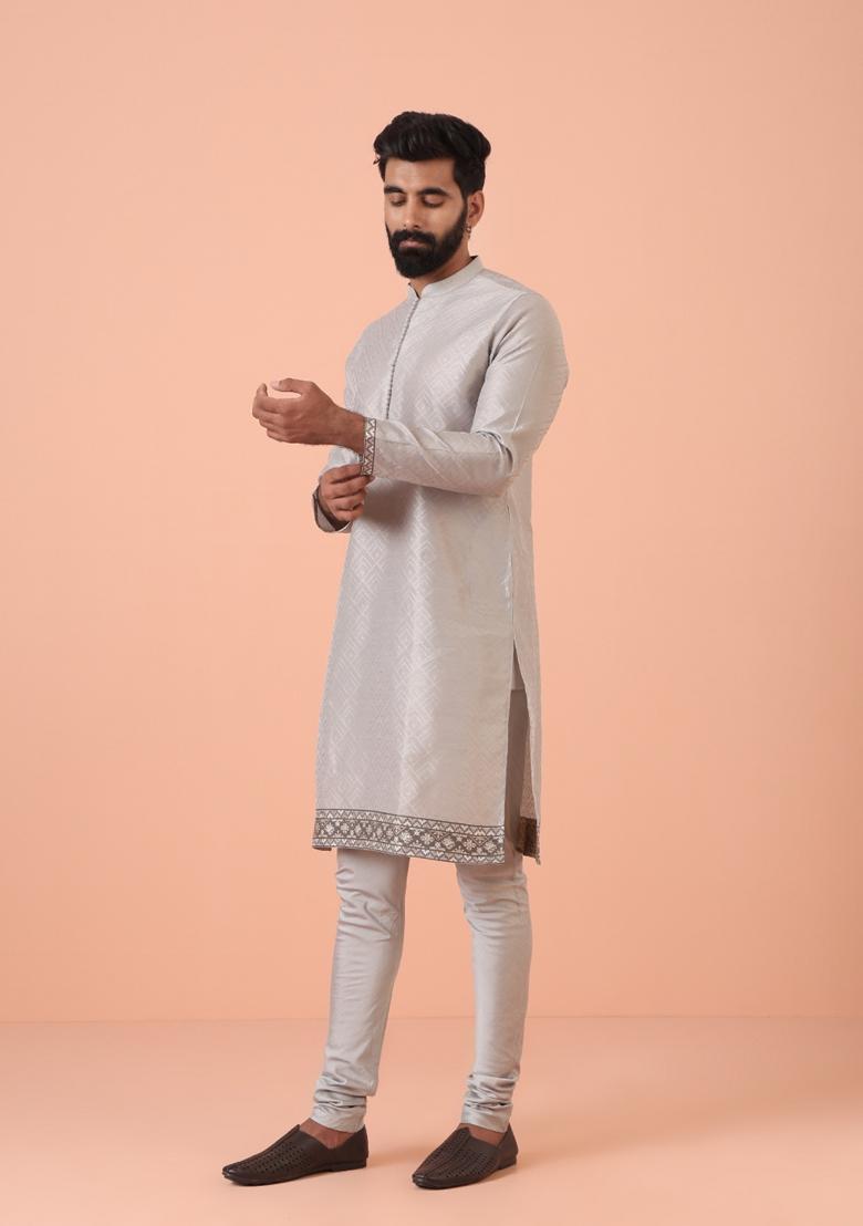 Grey Self Design Silk Blend Kurta For Men