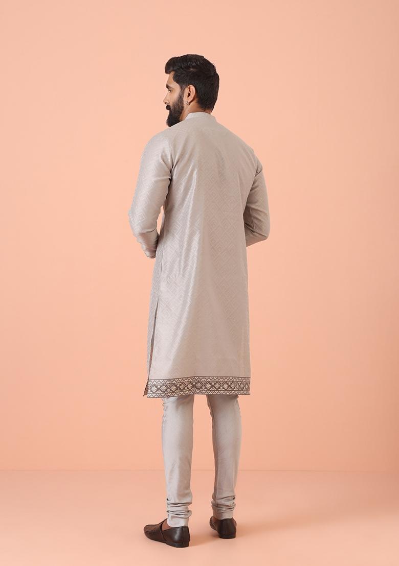 Grey Self Design Silk Blend Kurta For Men