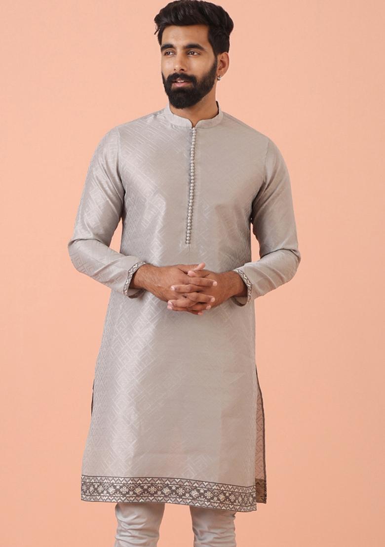 Grey Self Design Silk Blend Kurta For Men