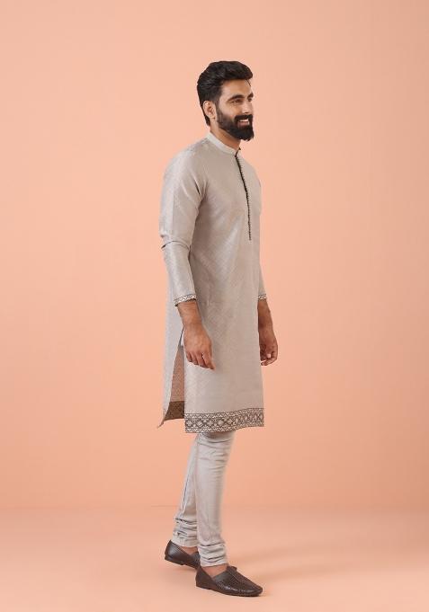 Grey Self Design Silk Blend Kurta For Men