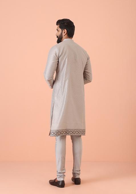 Grey Self Design Silk Blend Kurta For Men