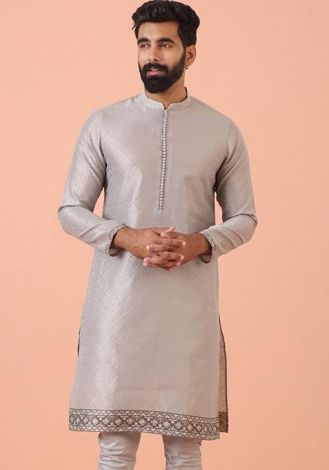 Grey Self Design Silk Blend Kurta For Men