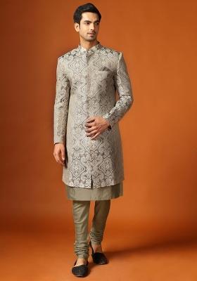 Grey Self Design Georgette Indo Sherwani Set For Men