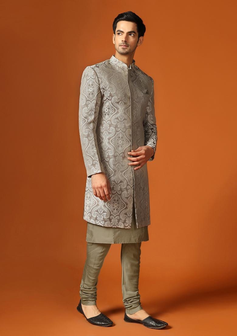 Grey Self Design Georgette Indo Sherwani Set For Men
