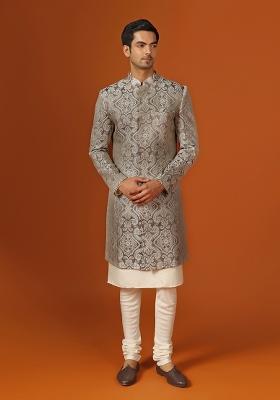 Grey Self Design Georgette Indo Sherwani Set For Men