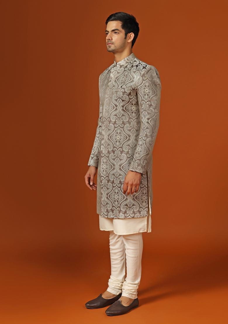 Grey Self Design Georgette Indo Sherwani Set For Men
