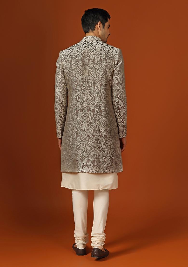 Grey Self Design Georgette Indo Sherwani Set For Men