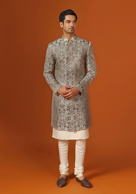 Grey Self Design Georgette Indo Sherwani Set For Men