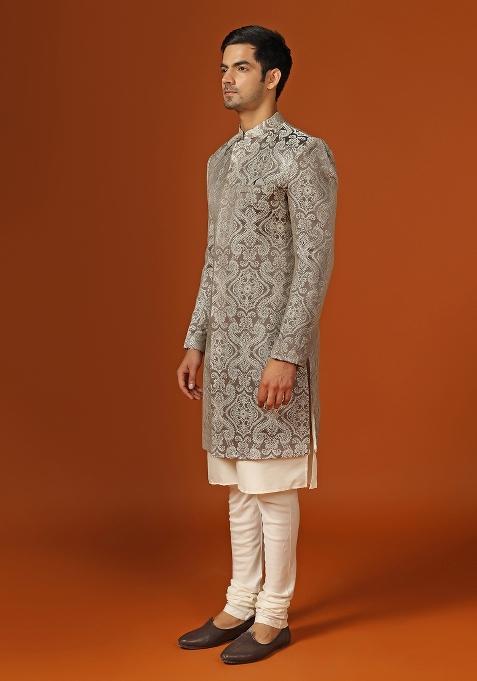 Grey Self Design Georgette Indo Sherwani Set For Men