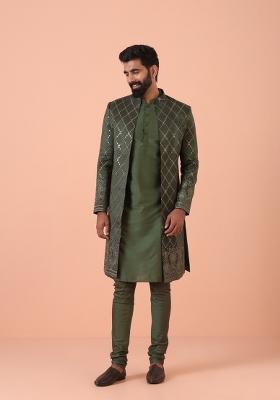 Olive Embellished Blended Indo Sherwani Set For Men
