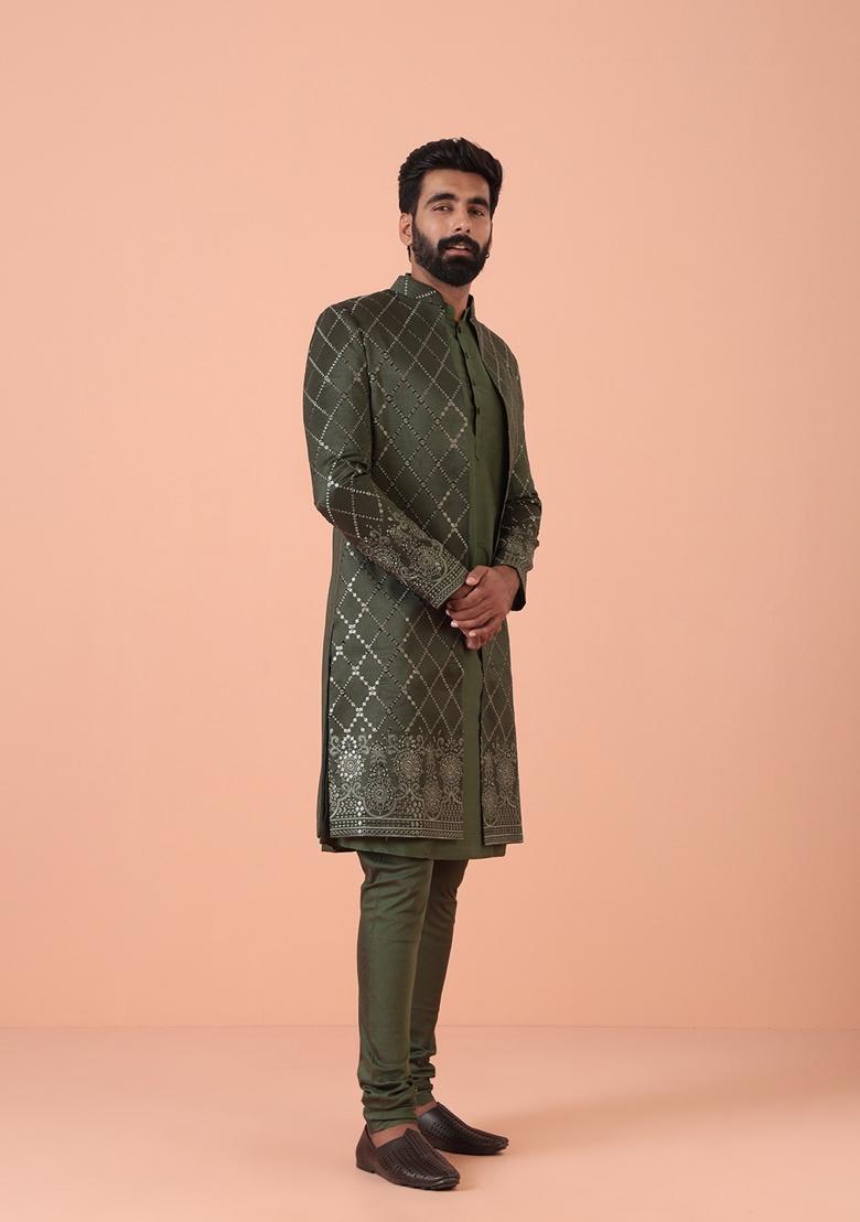 Olive Embellished Blended Indo Sherwani Set For Men