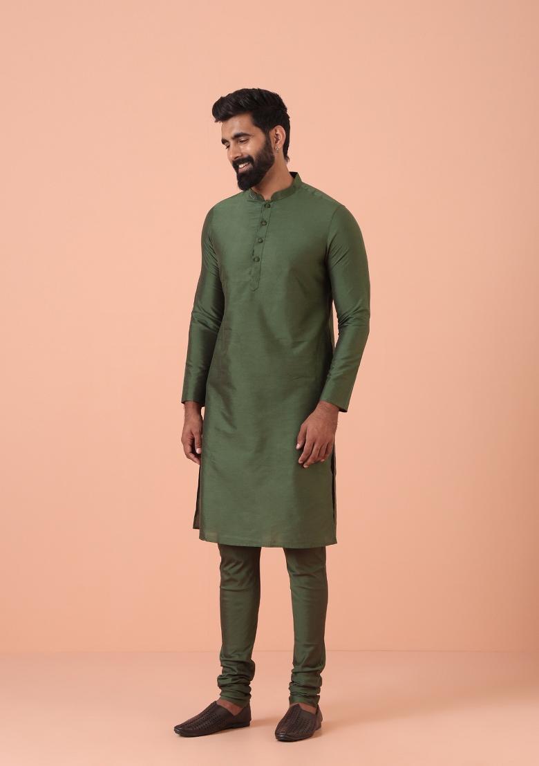 Olive Embellished Blended Indo Sherwani Set For Men