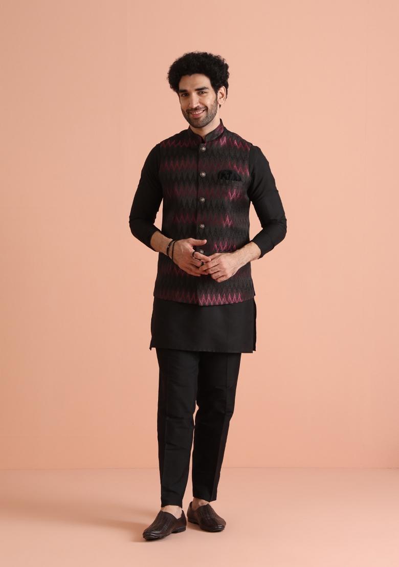 Black Jacquard Weaving Silk Blend Nehru Jacket Set For Men