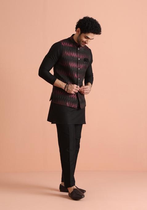 Black Jacquard Weaving Silk Blend Nehru Jacket Set For Men
