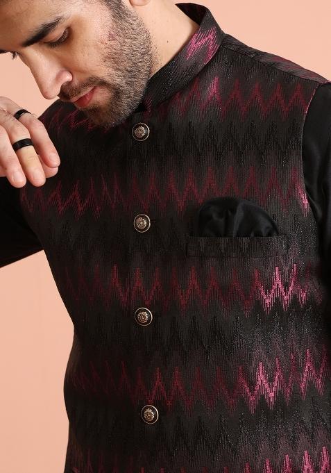 Black Jacquard Weaving Silk Blend Nehru Jacket Set For Men
