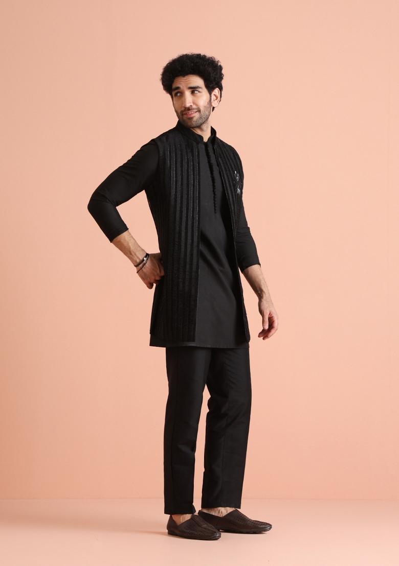 Black Sheer Blended Nehru Jacket Set For Men