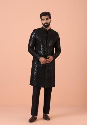 Black Embroidererd Silk Blend Indo Sherwani Set For Men