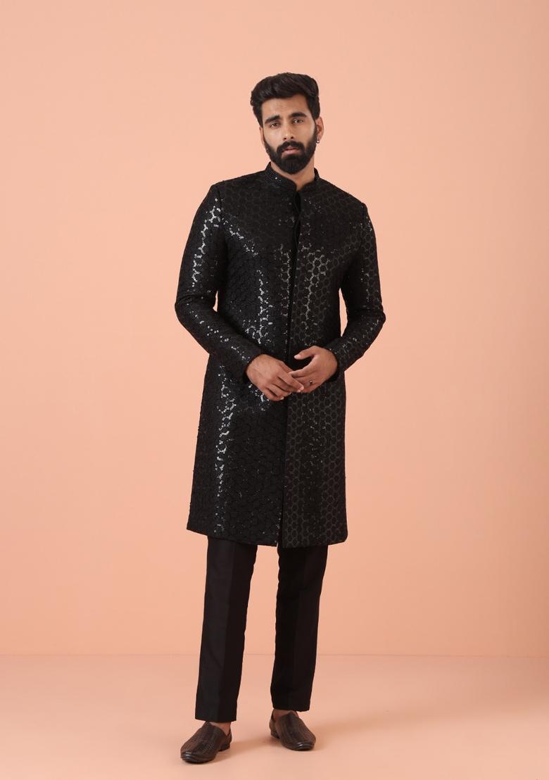 Black Embroidererd Silk Blend Indo Sherwani Set For Men