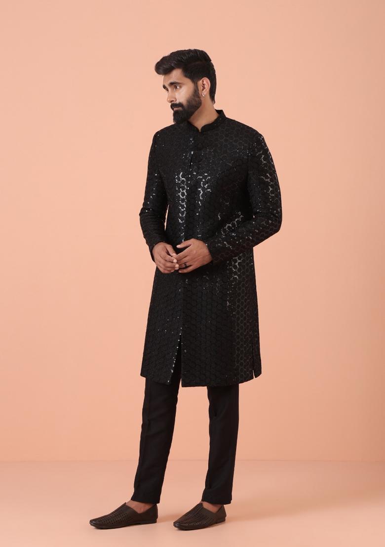 Black Embroidererd Silk Blend Indo Sherwani Set For Men