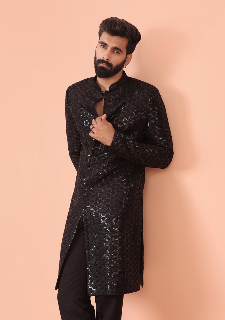 Black Embroidererd Silk Blend Indo Sherwani Set For Men