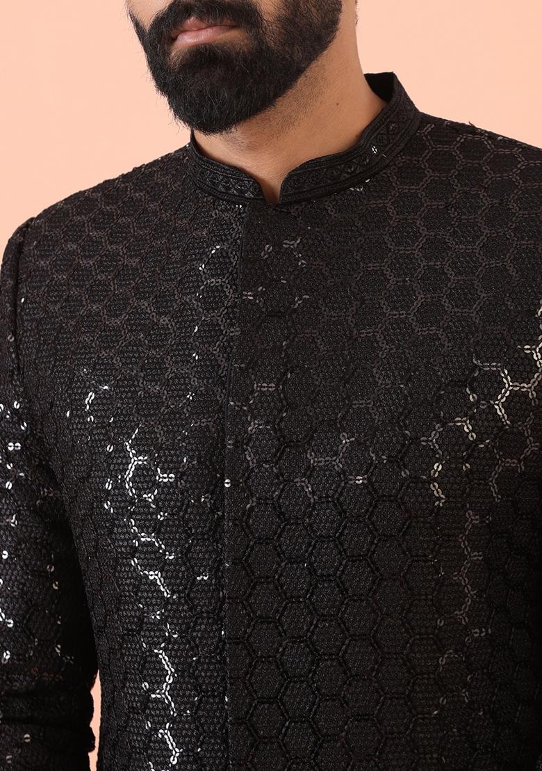 Black Embroidererd Silk Blend Indo Sherwani Set For Men