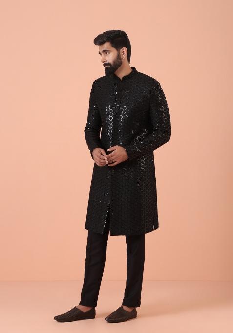 Black Embroidererd Silk Blend Indo Sherwani Set For Men
