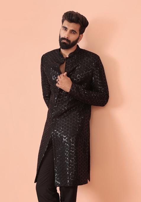 Black Embroidererd Silk Blend Indo Sherwani Set For Men