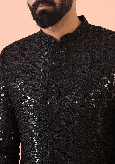 Black Embroidererd Silk Blend Indo Sherwani Set For Men