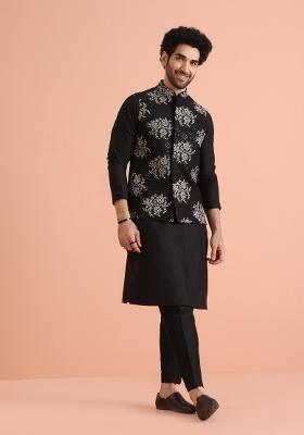 Black Solid Solid Nehru Jacket Set For Men