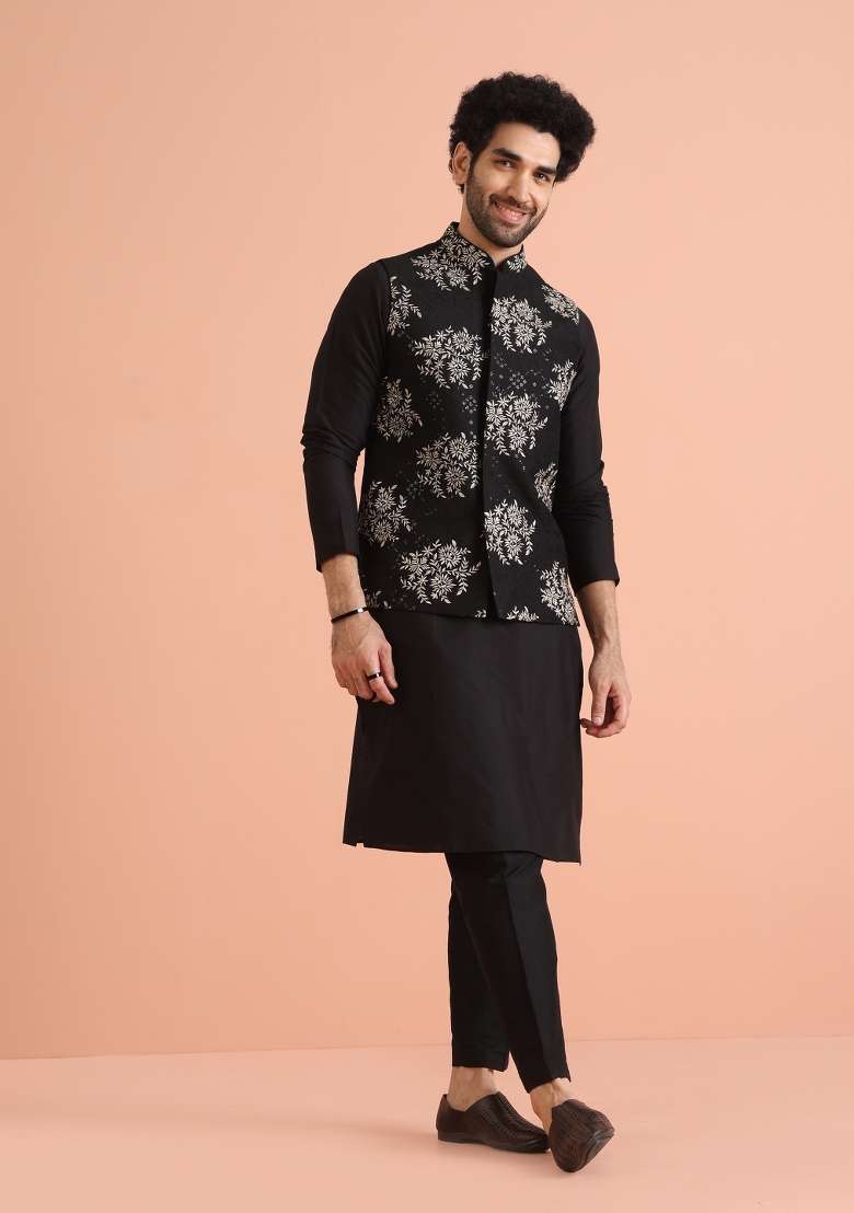 Black Solid Solid Nehru Jacket Set For Men - Indya