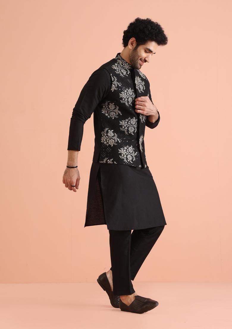 Black Solid Solid Nehru Jacket Set For Men