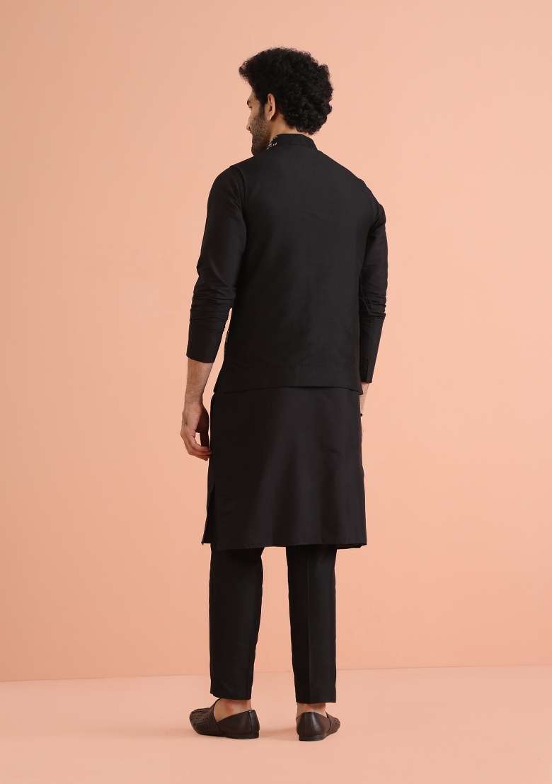 Black Solid Solid Nehru Jacket Set For Men - Indya