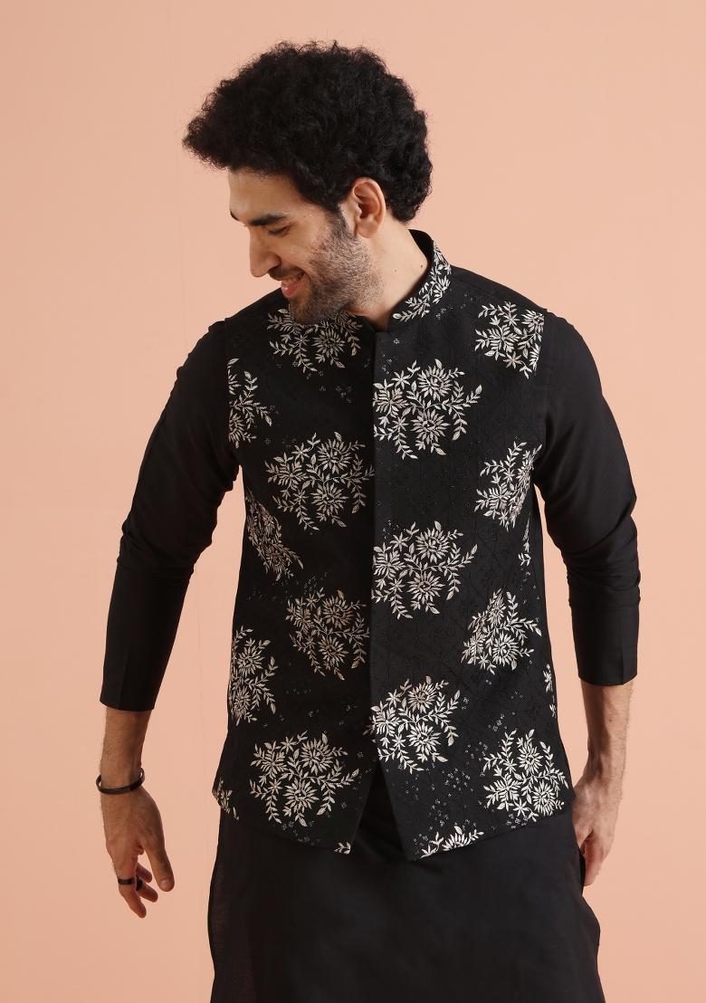 Black Solid Solid Nehru Jacket Set For Men