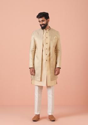 Cream Embroidererd Silk Blend Nehru Jacket Set For Men