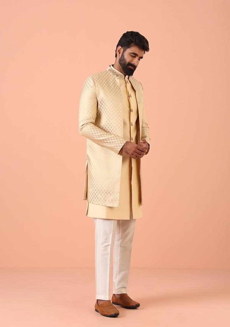 Cream Embroidererd Silk Blend Nehru Jacket Set For Men