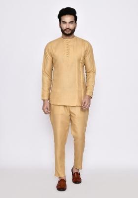 Beige Plain Linen Kurta Set For Men