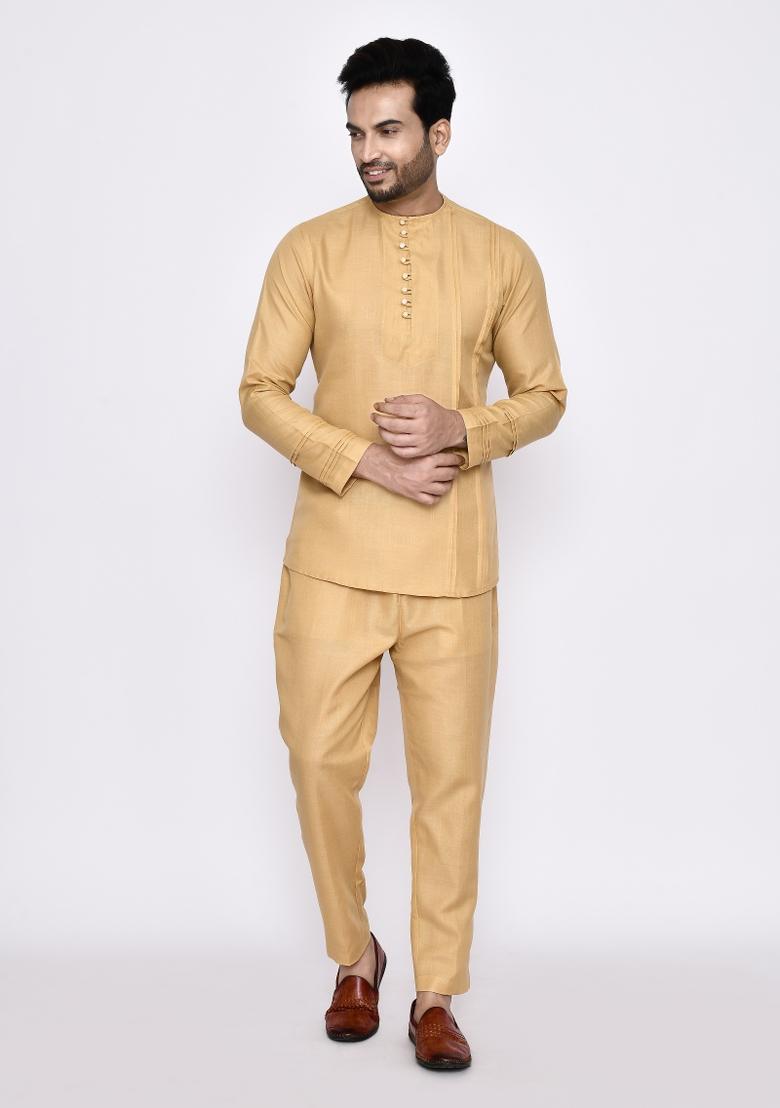 Beige Plain Linen Kurta Set For Men