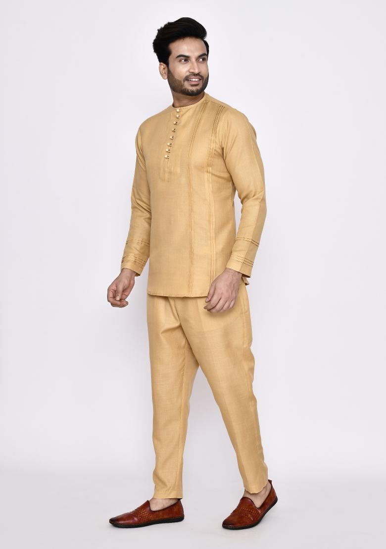 Beige Plain Linen Kurta Set For Men