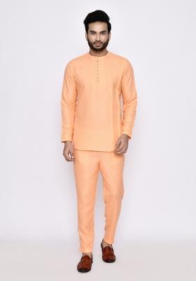 Peach Plain Linen Kurta Set For Men