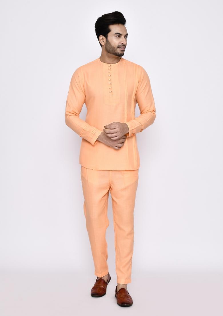 Peach Plain Linen Kurta Set For Men