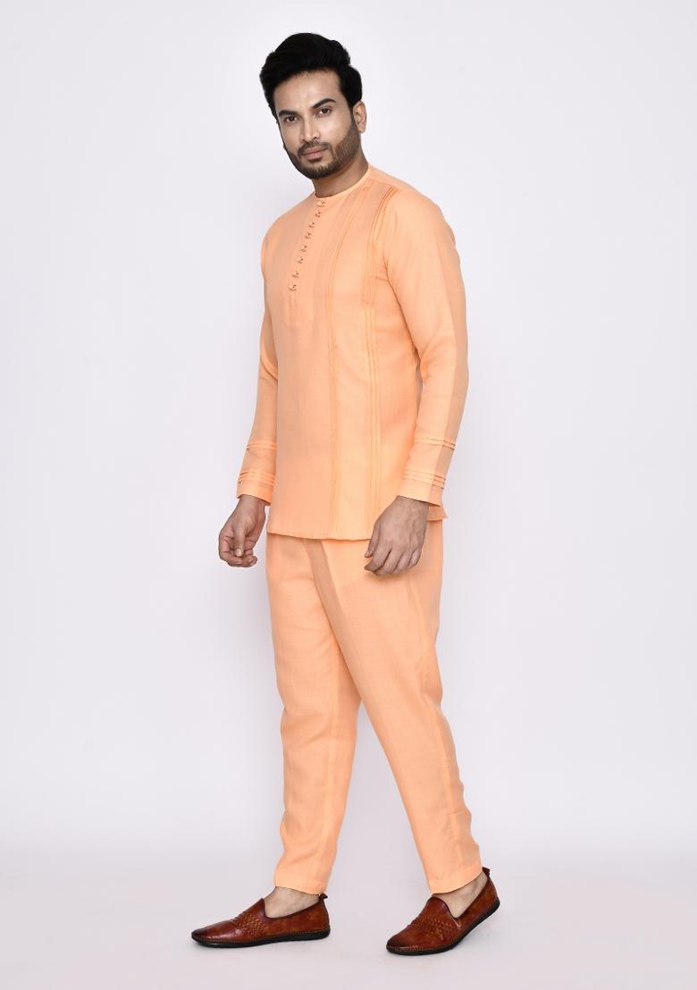Peach Plain Linen Kurta Set For Men