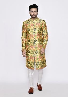 Yellow Printed Jacquard Silk Indo Sherwani Set For Men