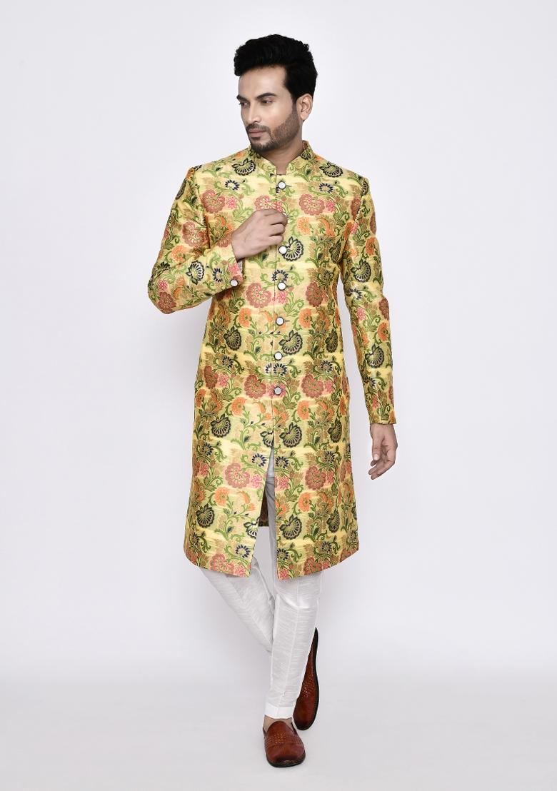Yellow Printed Jacquard Silk Indo Sherwani Set For Men