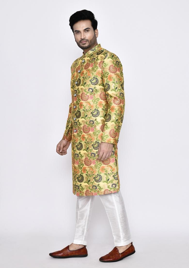 Yellow Printed Jacquard Silk Indo Sherwani Set For Men