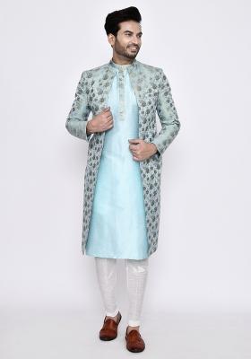 Sky Blue Plain Art Silk Indo Sherwani Set For Men