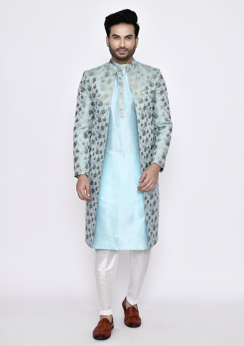 Sky Blue Plain Art Silk Indo Sherwani Set For Men