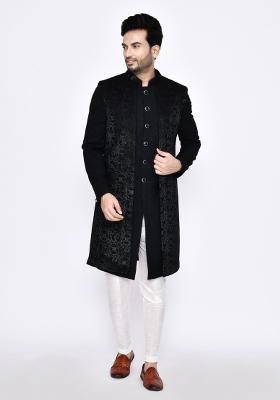 Black Plain Jacquard Silk Indo Sherwani Set For Men