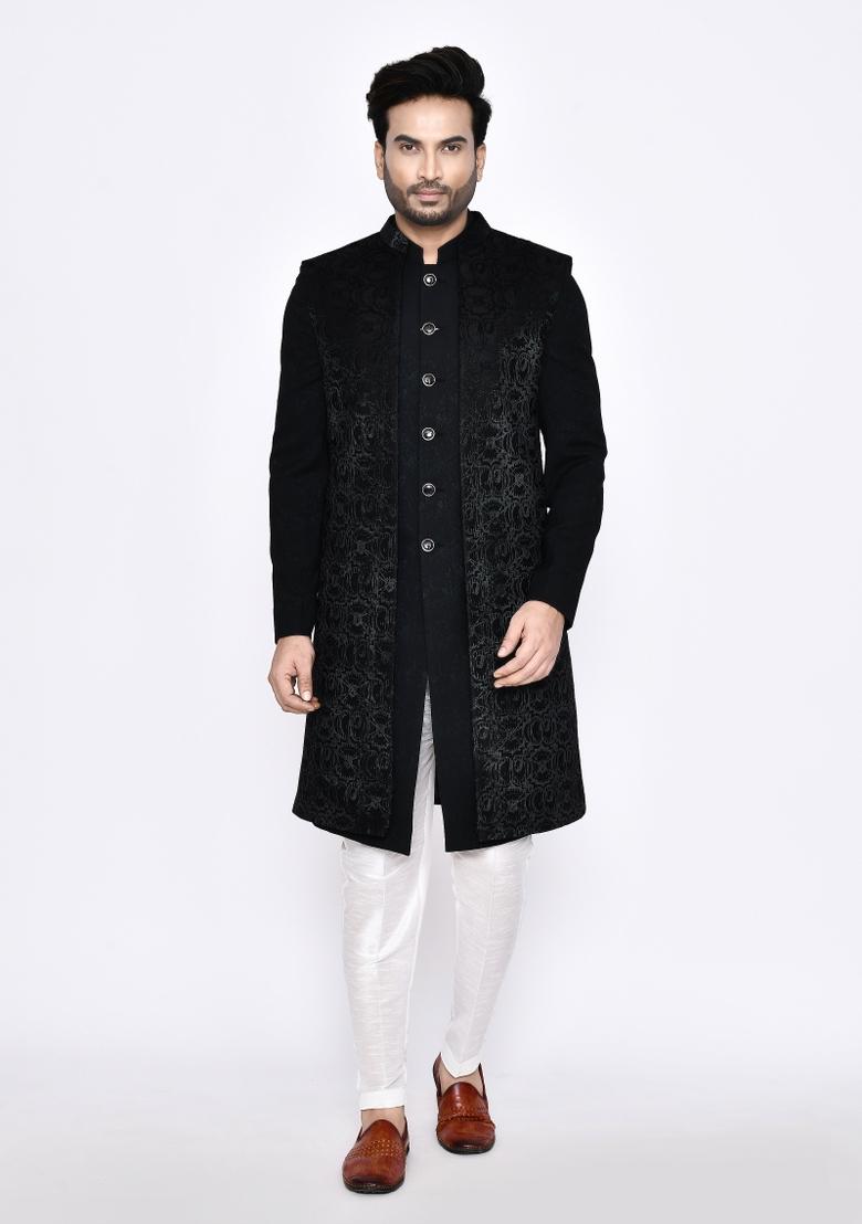 Black Plain Jacquard Silk Indo Sherwani Set For Men