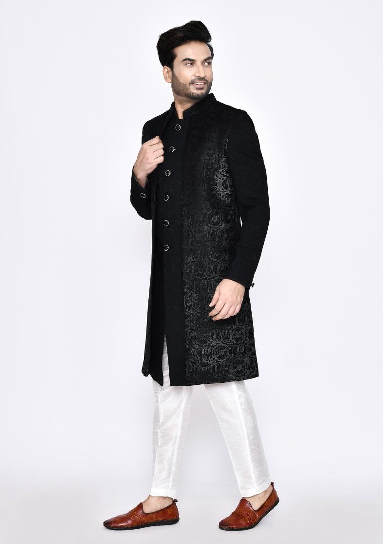 Black Plain Jacquard Silk Indo Sherwani Set For Men